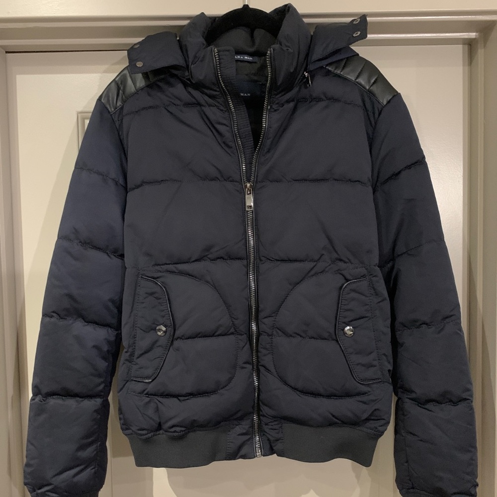 Zara men Puffer Bubble jacket w/ removable hood XL